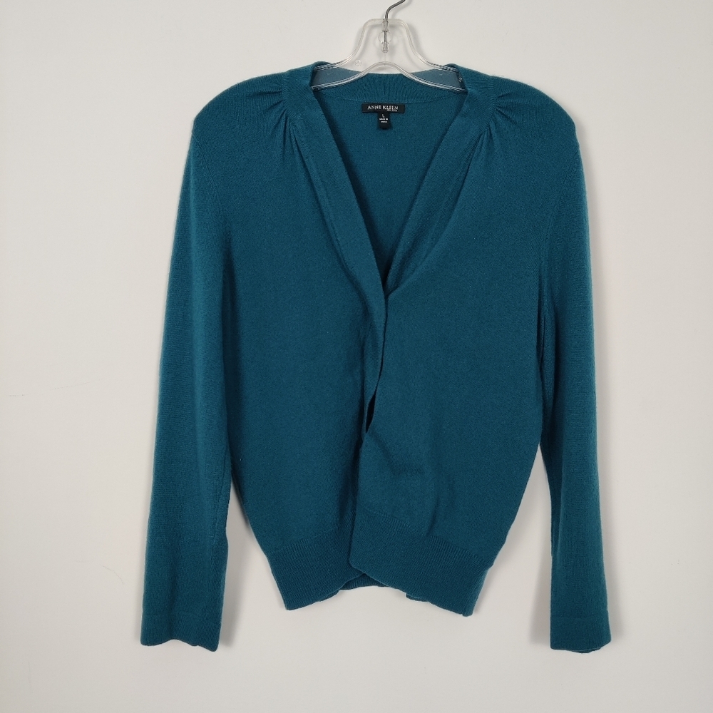 Anne Klein Women's Cardigan in Greenish Blue Size Large 100% Cashmere Sweater